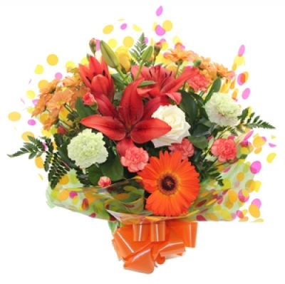 Fresh & Funky Hand-tied - A stunning bouquet in a vibrant mix of oranges, yellows and reds this floral gift is a customer favourite and a sure fire winner for any occasion!